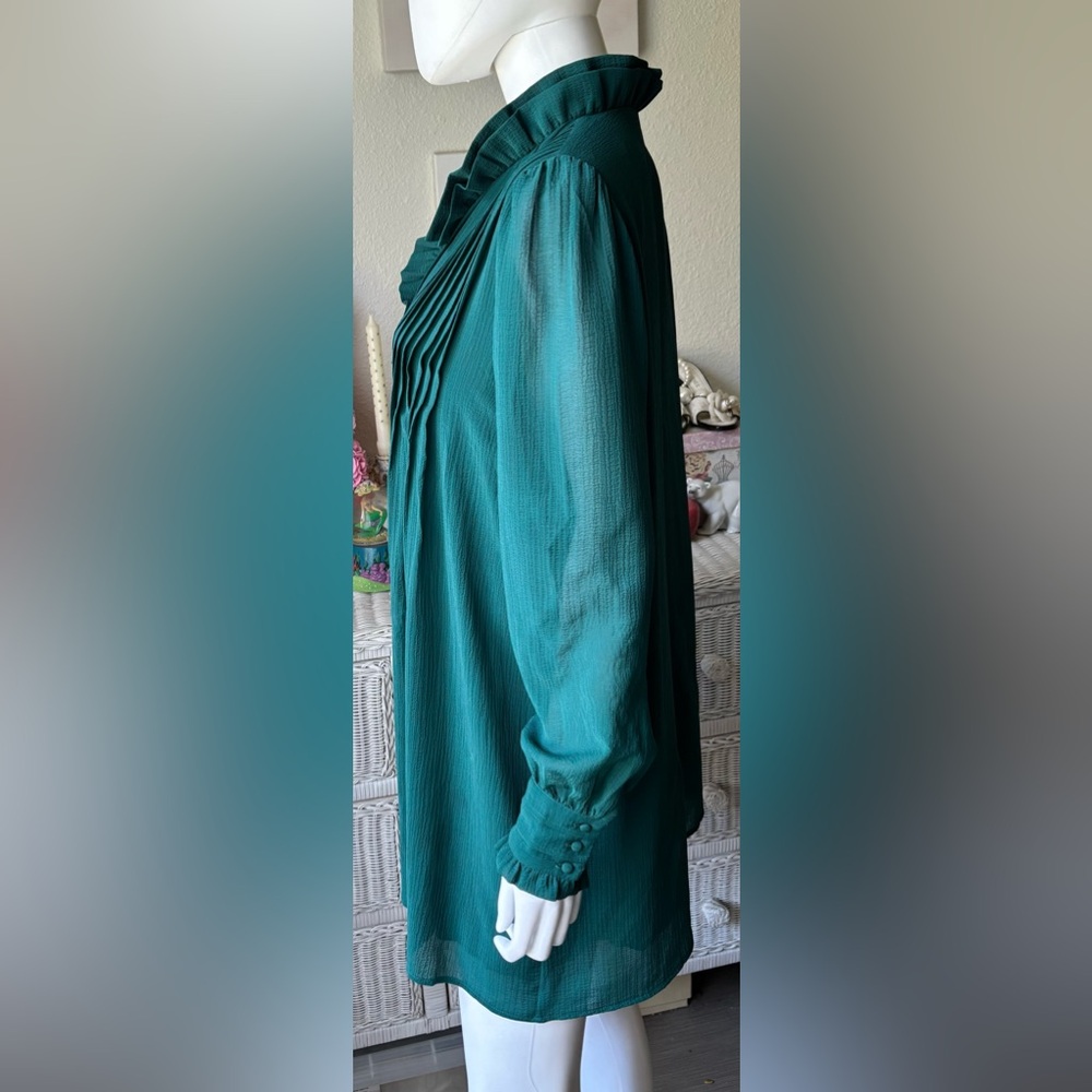 Sezane Rita Mini Dress Ruffled Pleated Oversized Emerald Green EU Size 40 = US 8 - Picture 3 of 11